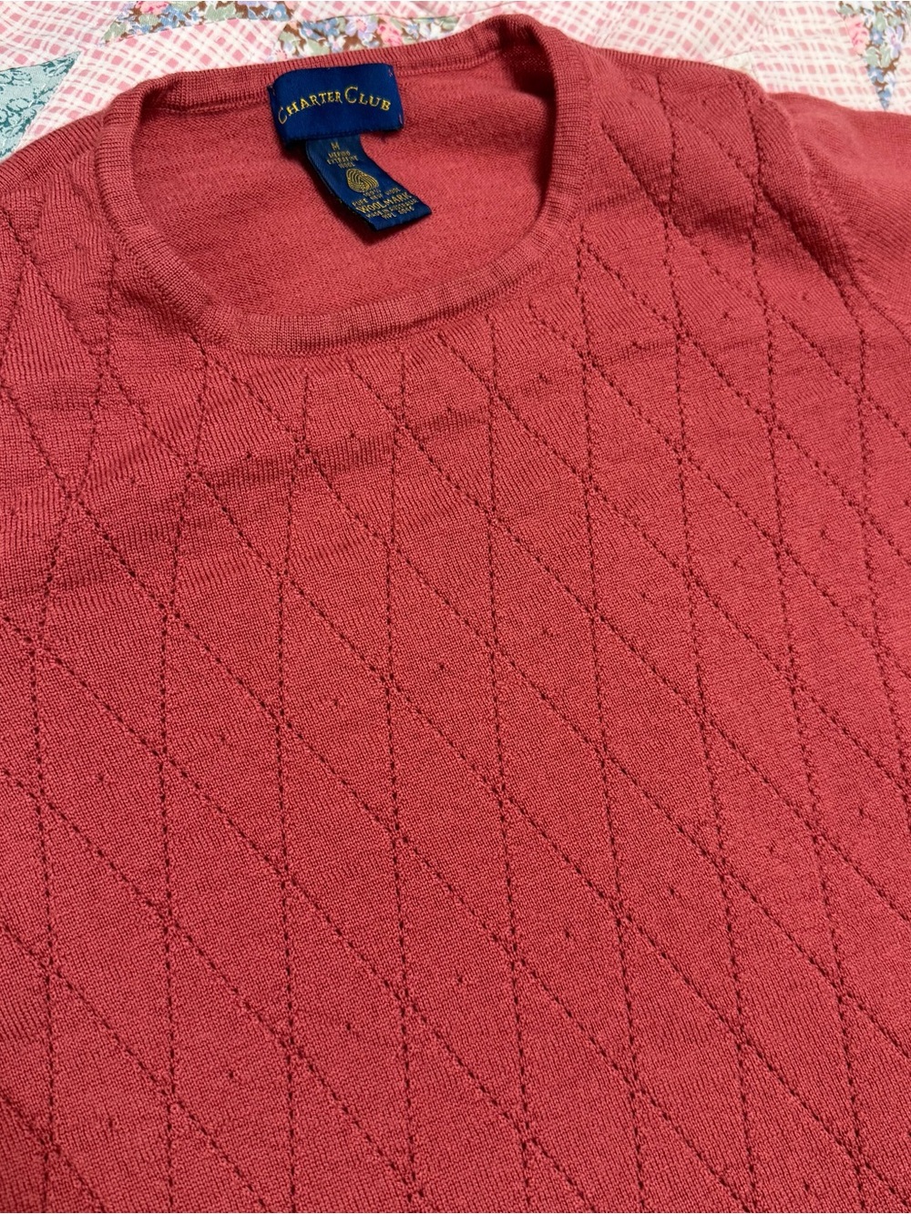 Charter Club Dusty Coral Rose Crewneck Merino Wool Diamond Pointelle Sweater